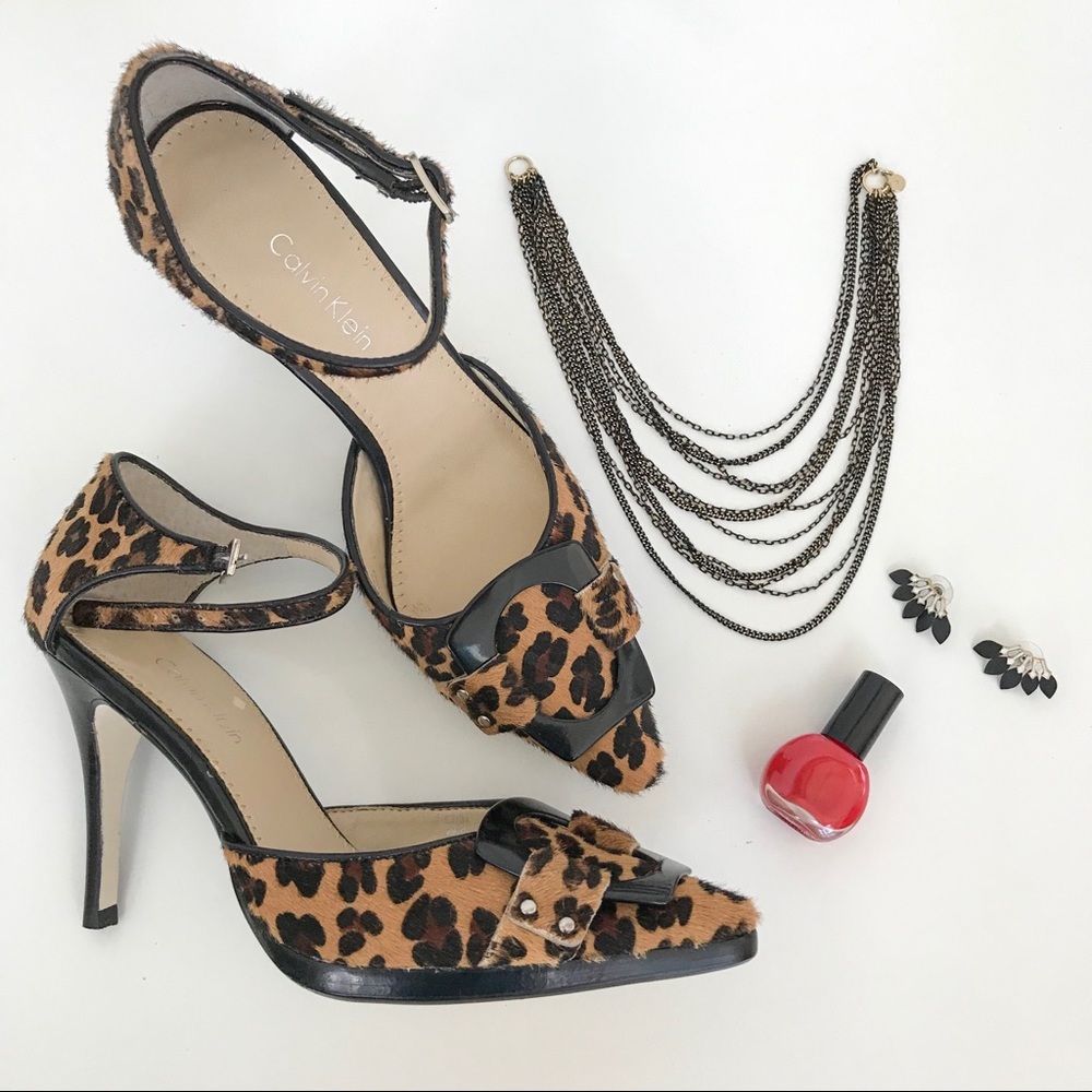 Calvin Klein leopard print ankle strap heels